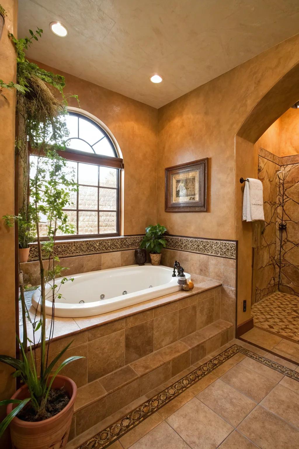 Subdued tints fashion a relaxing and peaceful bathtub ambiance.