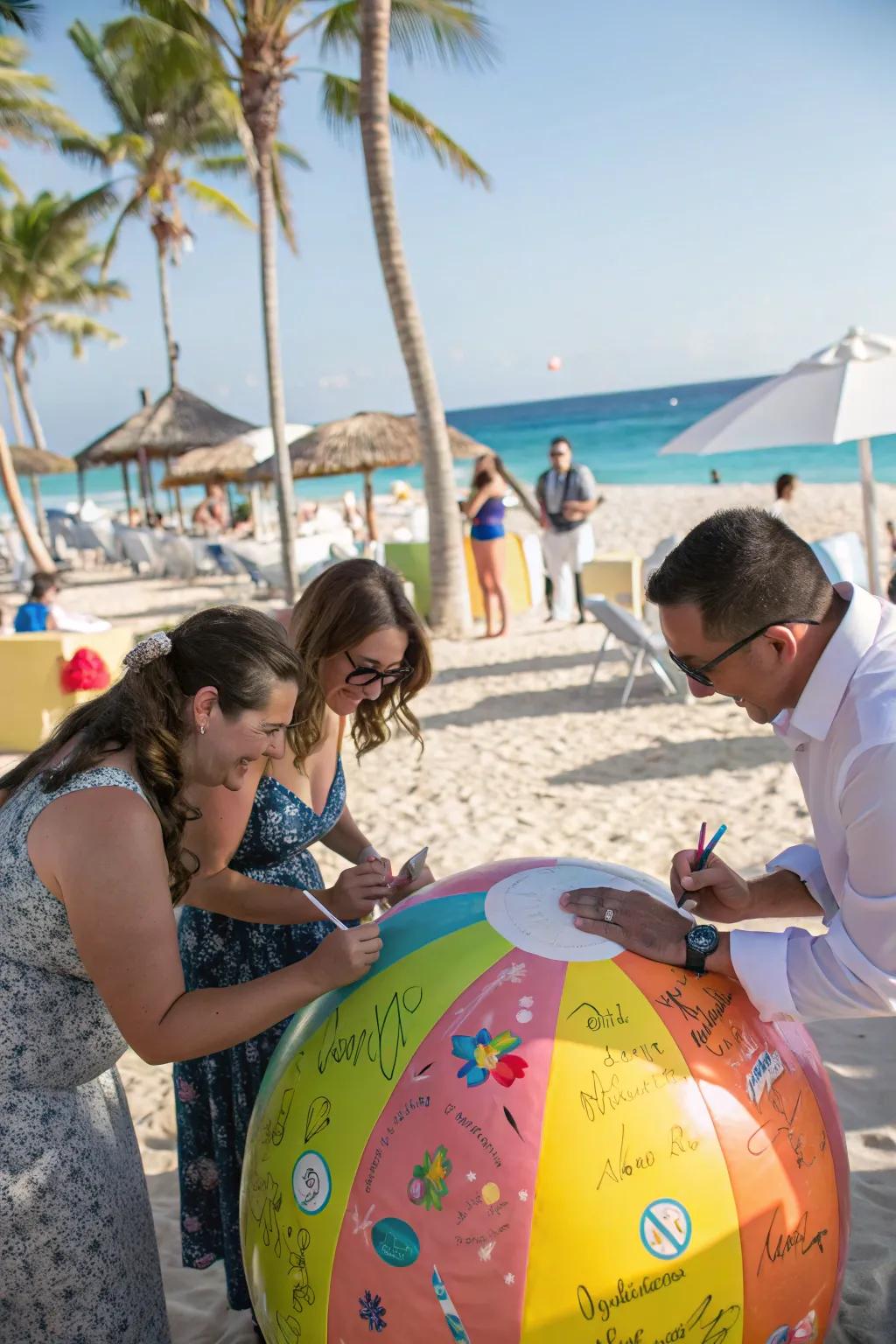 Using a beach ball as a guestbook introduces a playful element for guest sign-ins.