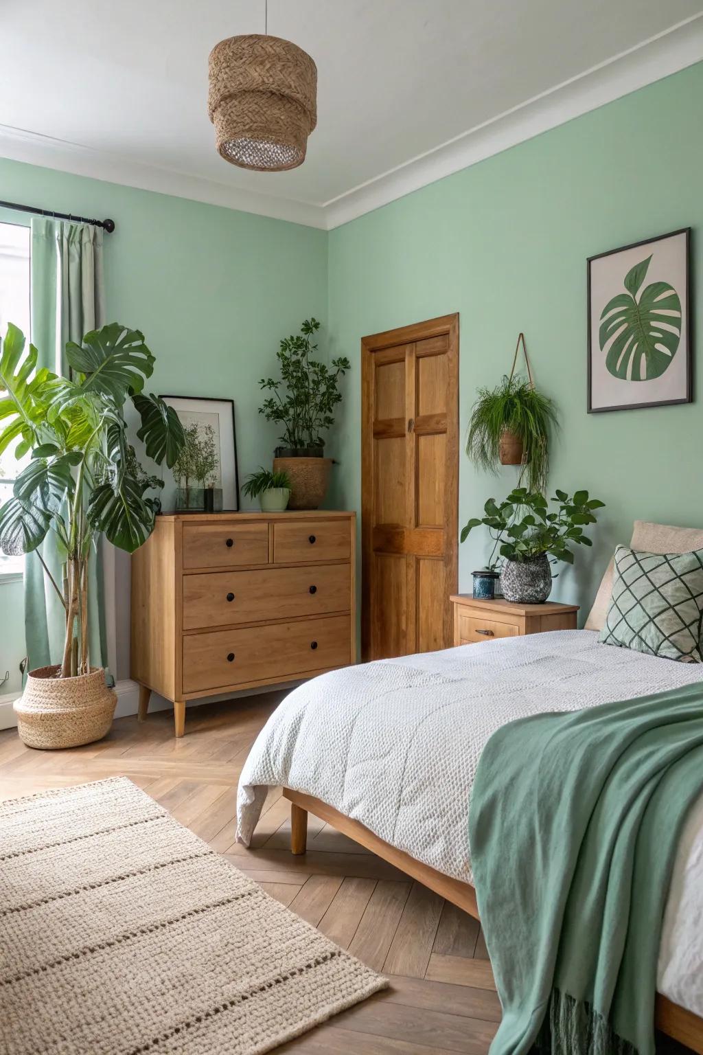 A refreshing bedroom with mint green walls that bring a touch of nature indoors.