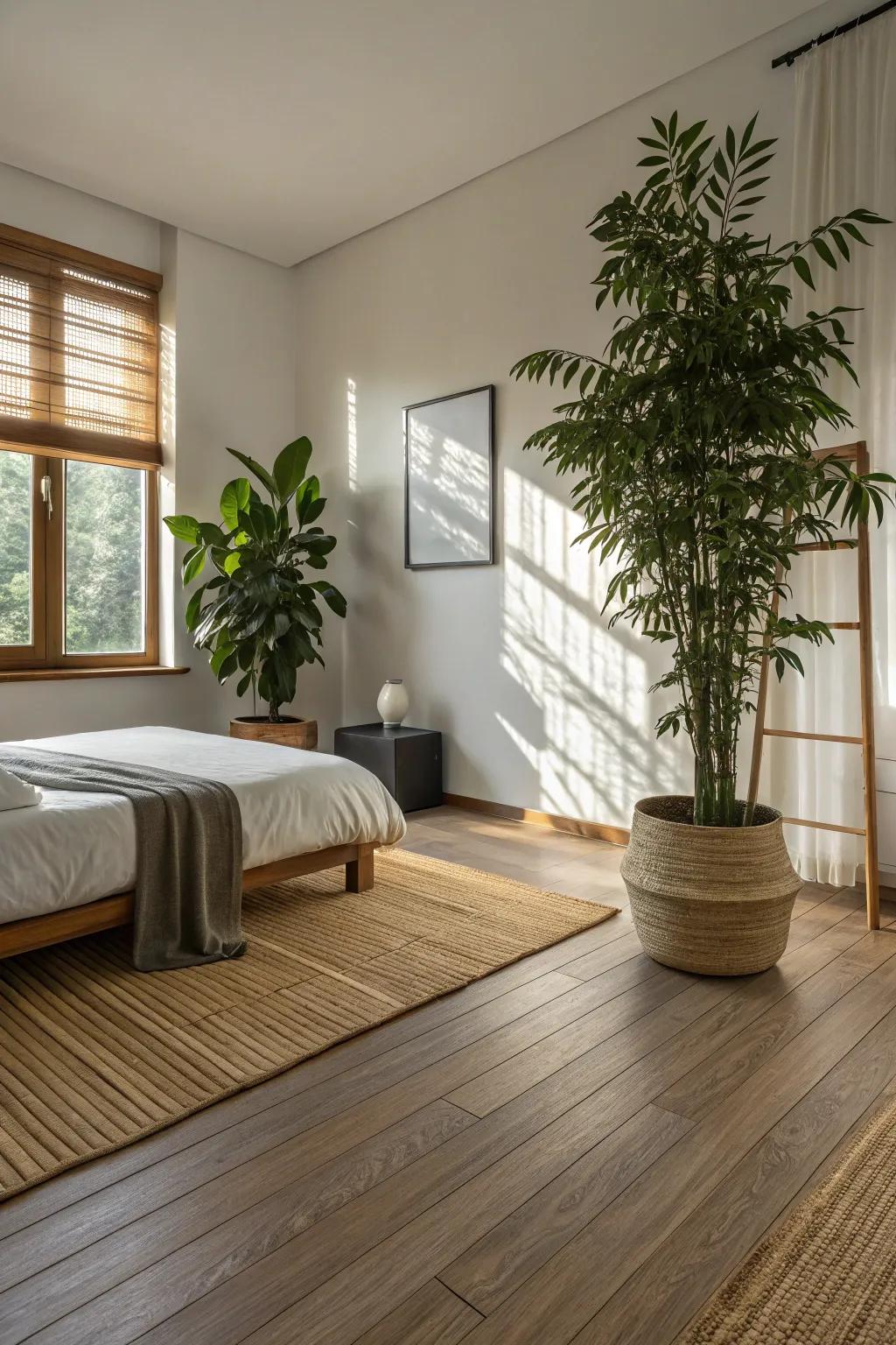 Eco-conscious bamboo flooring in a tranquil bedroom