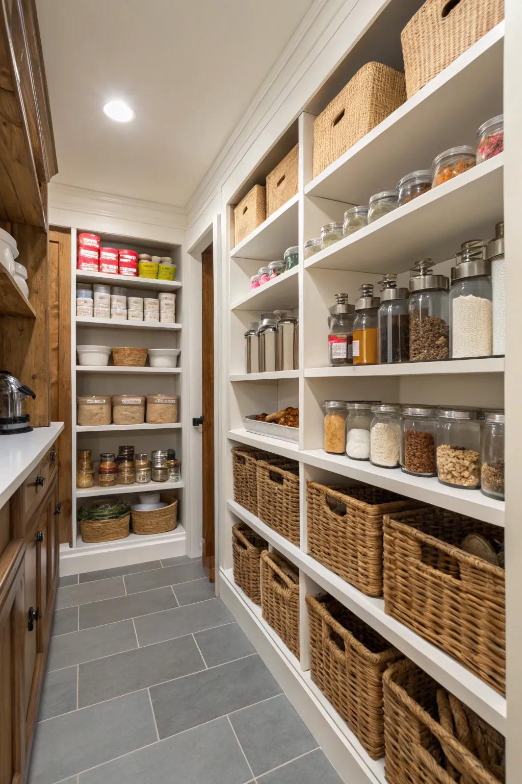 A walk-in pantry offering organized, clutter-free storage.