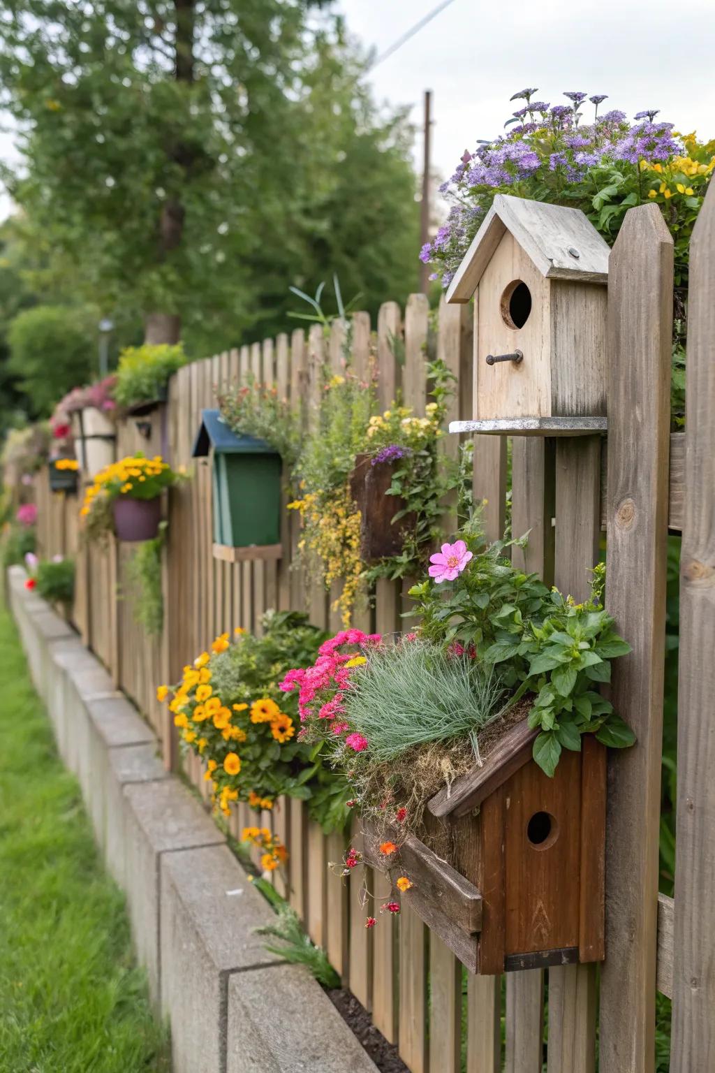 Birdhouses combined with planters bring a burst of life to the fence.