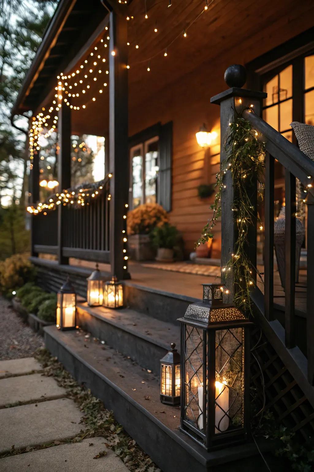 A dark porch aglow with inviting lanterns and fairy lights.