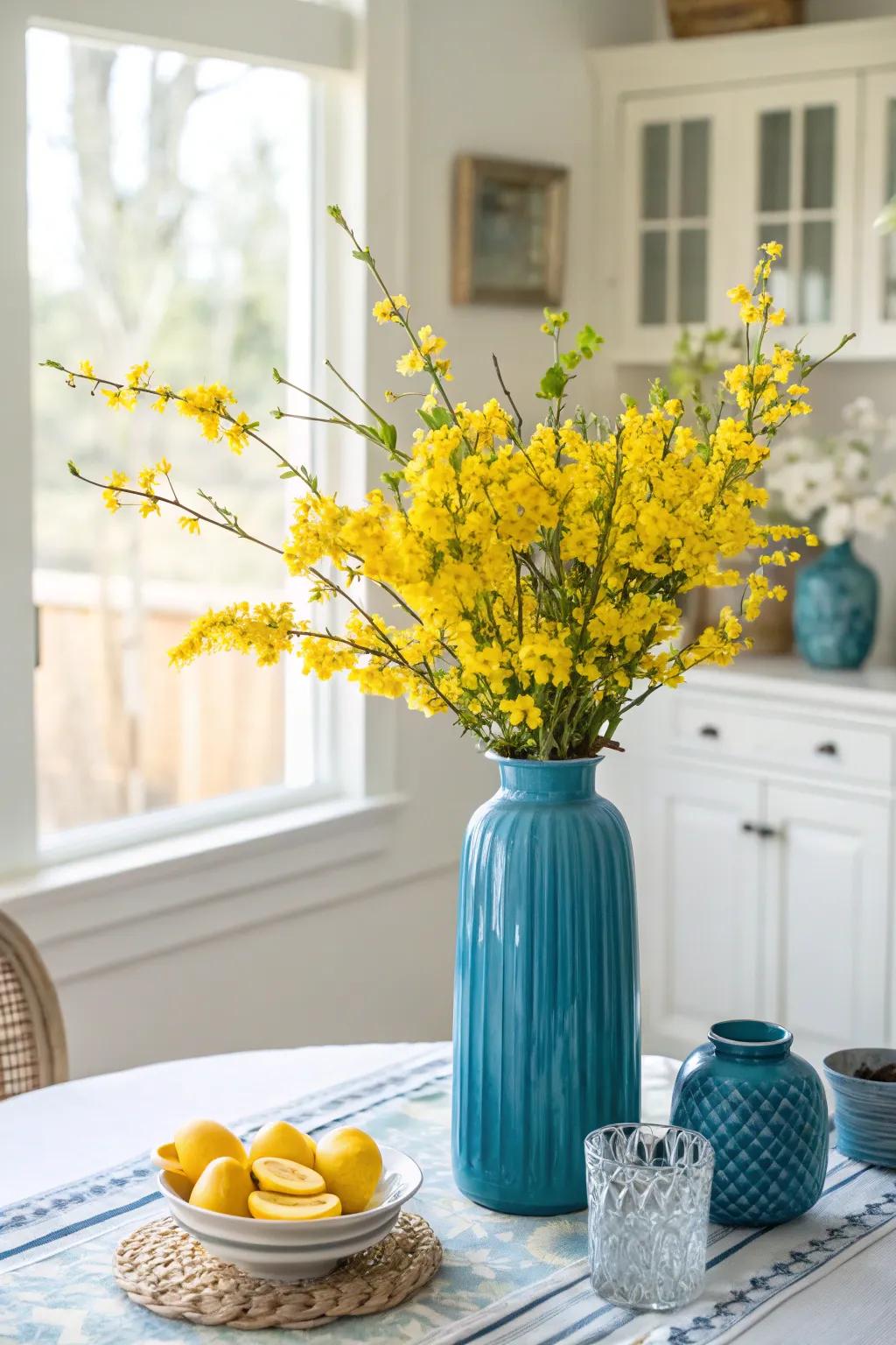 An azure container brimming with amber flowers, infusing a breath of spring's essence into the area.
