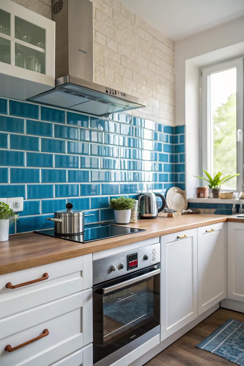 A vibrant blue backsplash adds character to this kitchen.