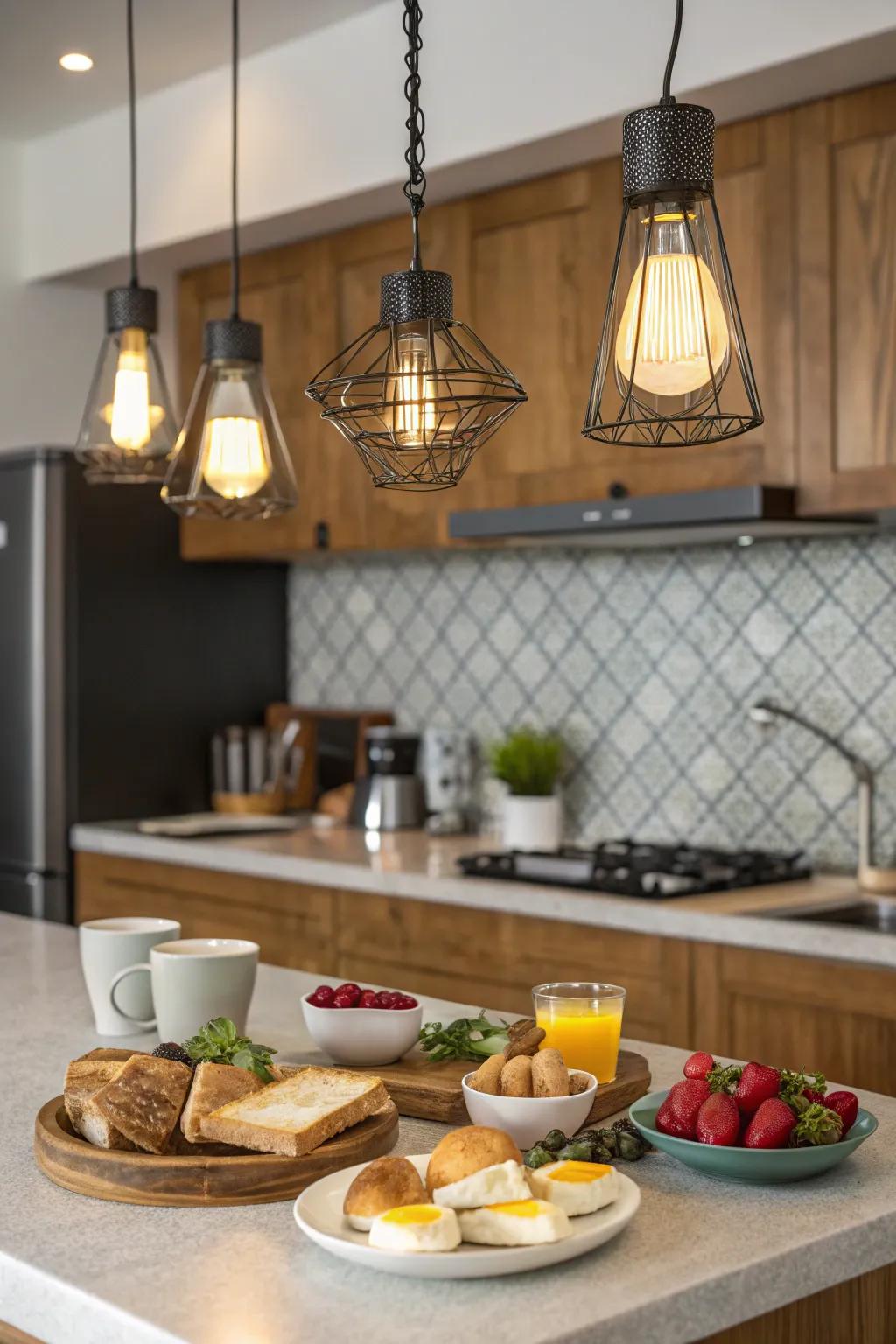 Elegant pendant lights illuminating a modern breakfast bar.