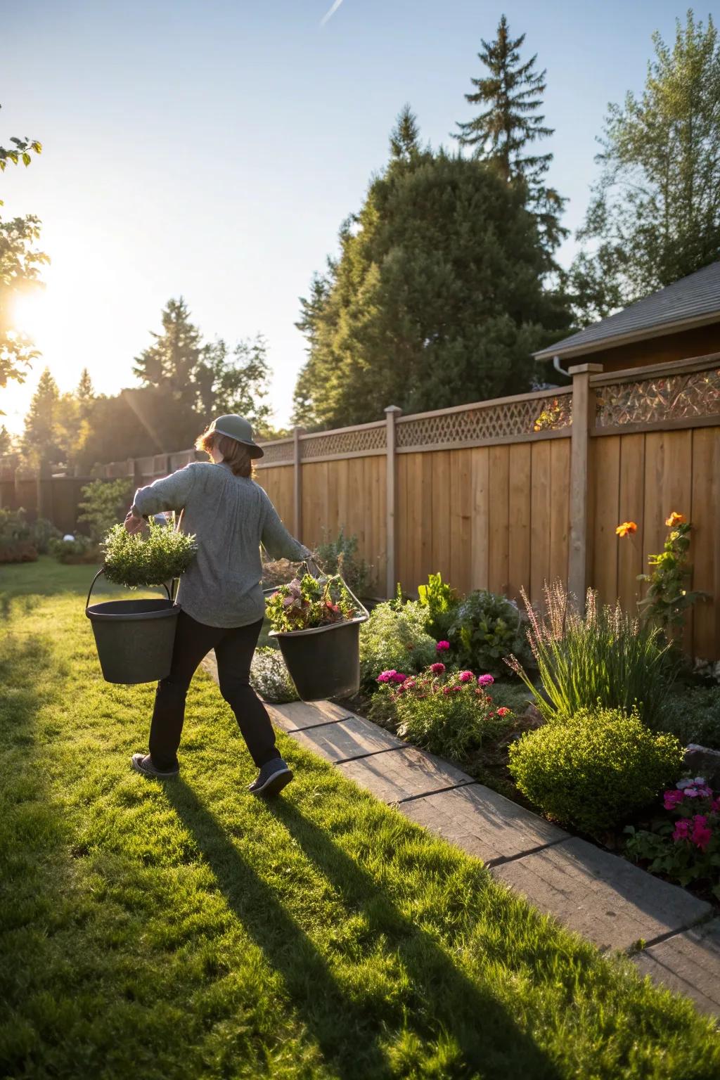 Moving buckets filled with plants to follow the sunlight.