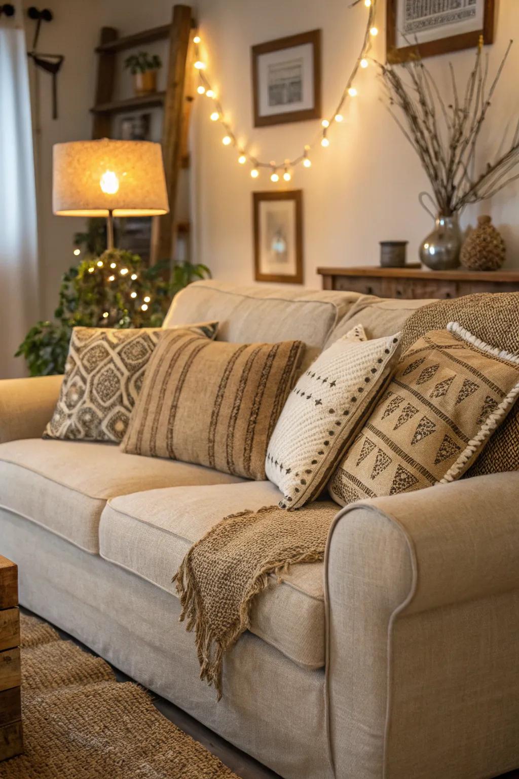 Burlap pillows offer both style and comfort.