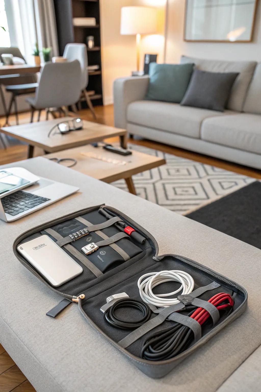 Adaptable cable organizer featuring movable sections.