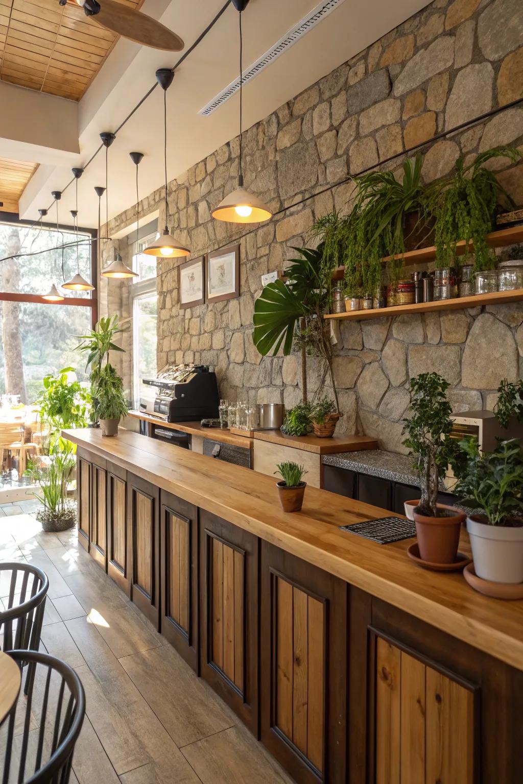 A cafe kitchen featuring natural materials for a warm and inviting atmosphere.