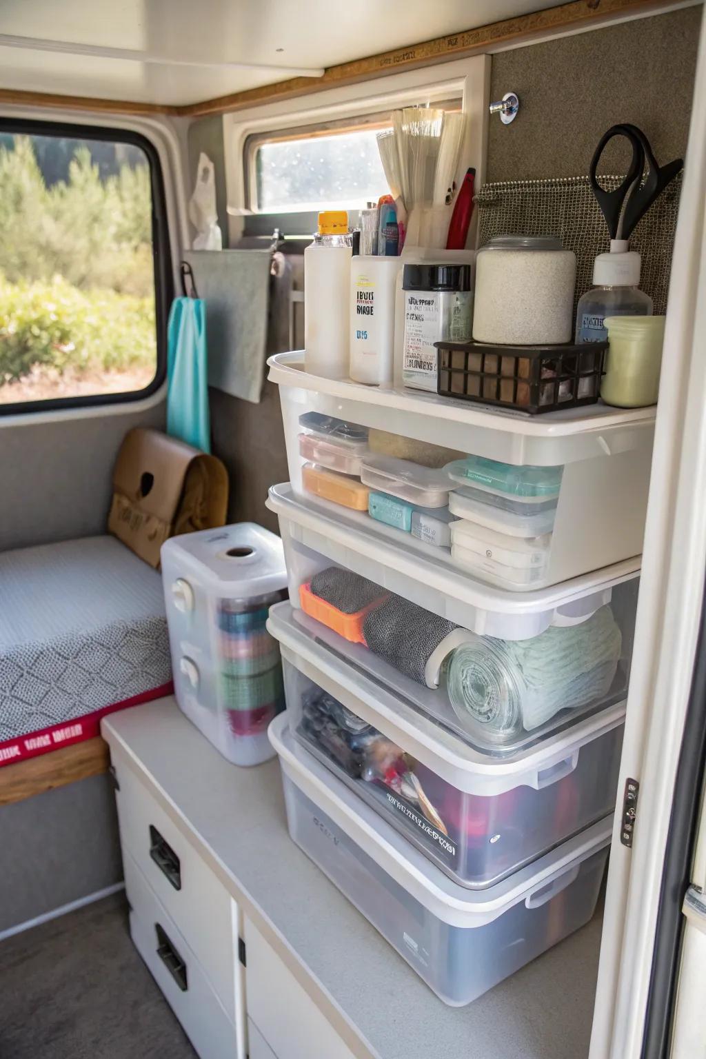 Compact containers keeping small bathroom items tidy.