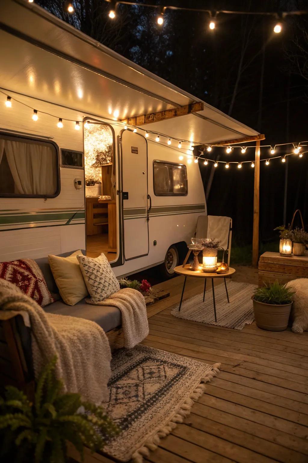 String lights creating a magical atmosphere on the porch.
