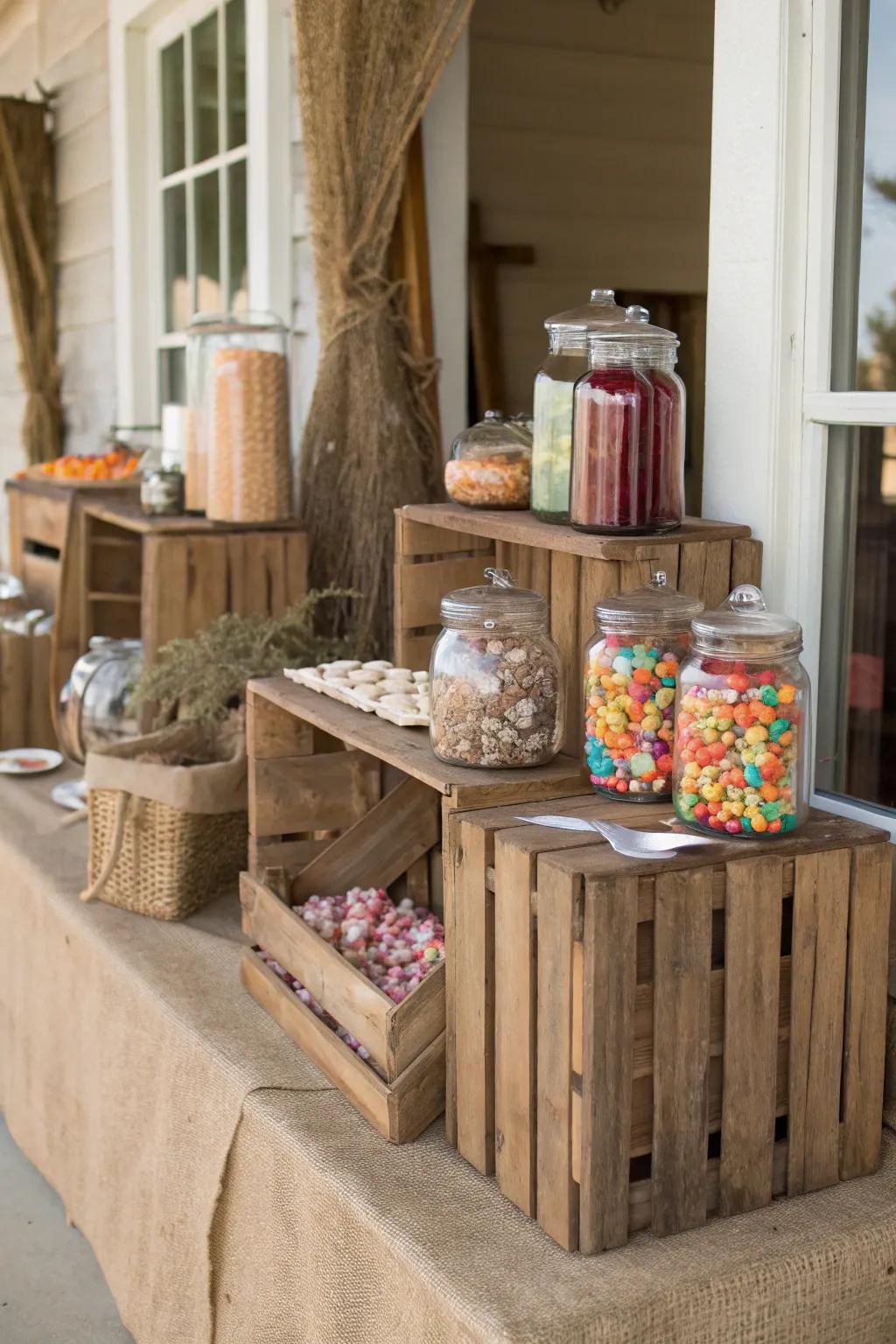 A rustic candy bar that infuses warmth and simplicity into your celebration.