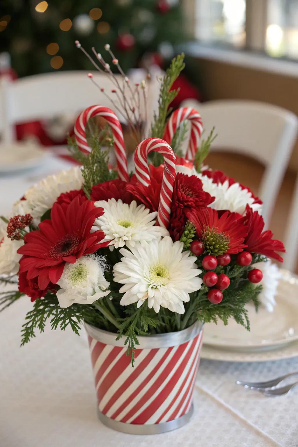 Develop striking centerpieces combining candy canes and florals.