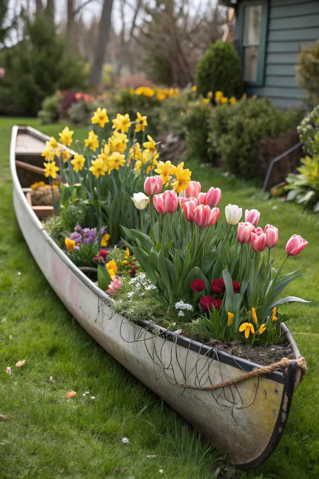 Celebrate the seasons with a canoe planter full of seasonal blooms.