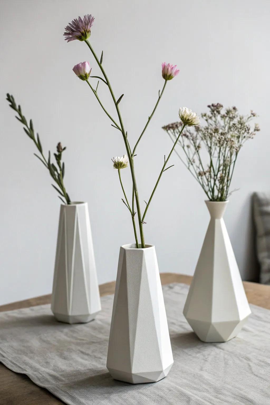 Minimalistic geometric vases with single flowers.