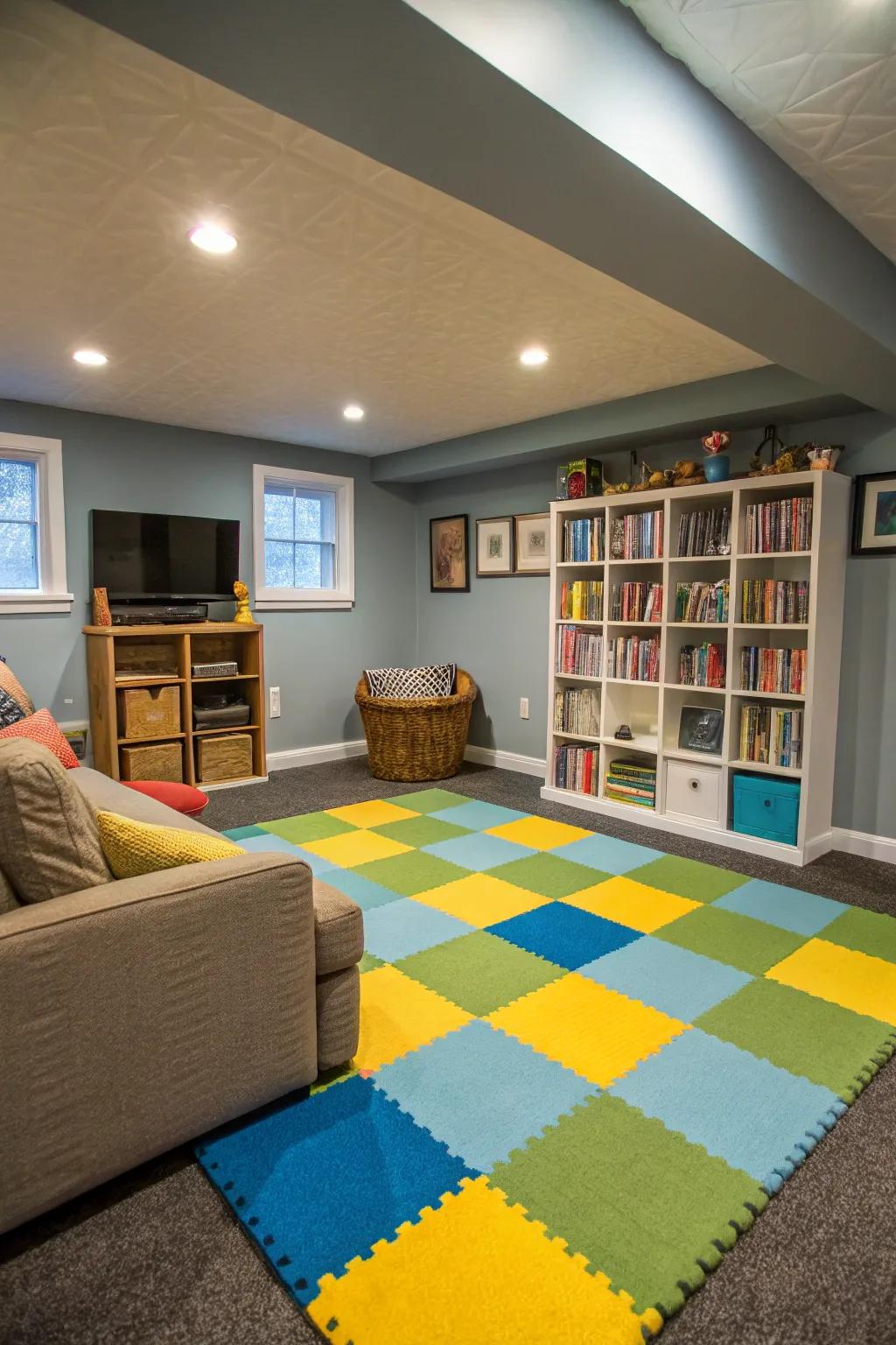 Fabric squares provide a gentle and inviting flooring solution suitable for family-centric basements.