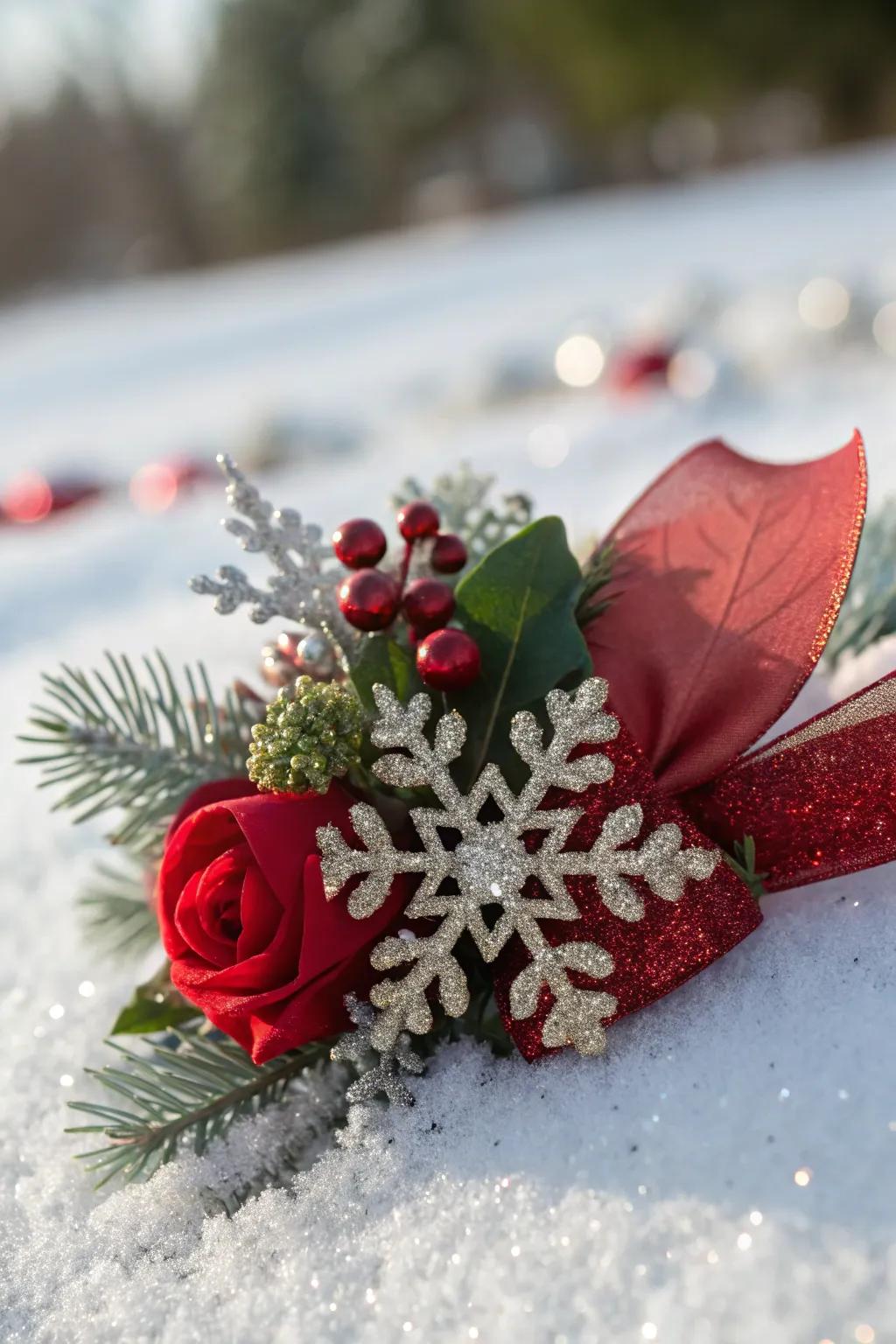 A whimsical Christmas corsage with sparkling snowflakes.