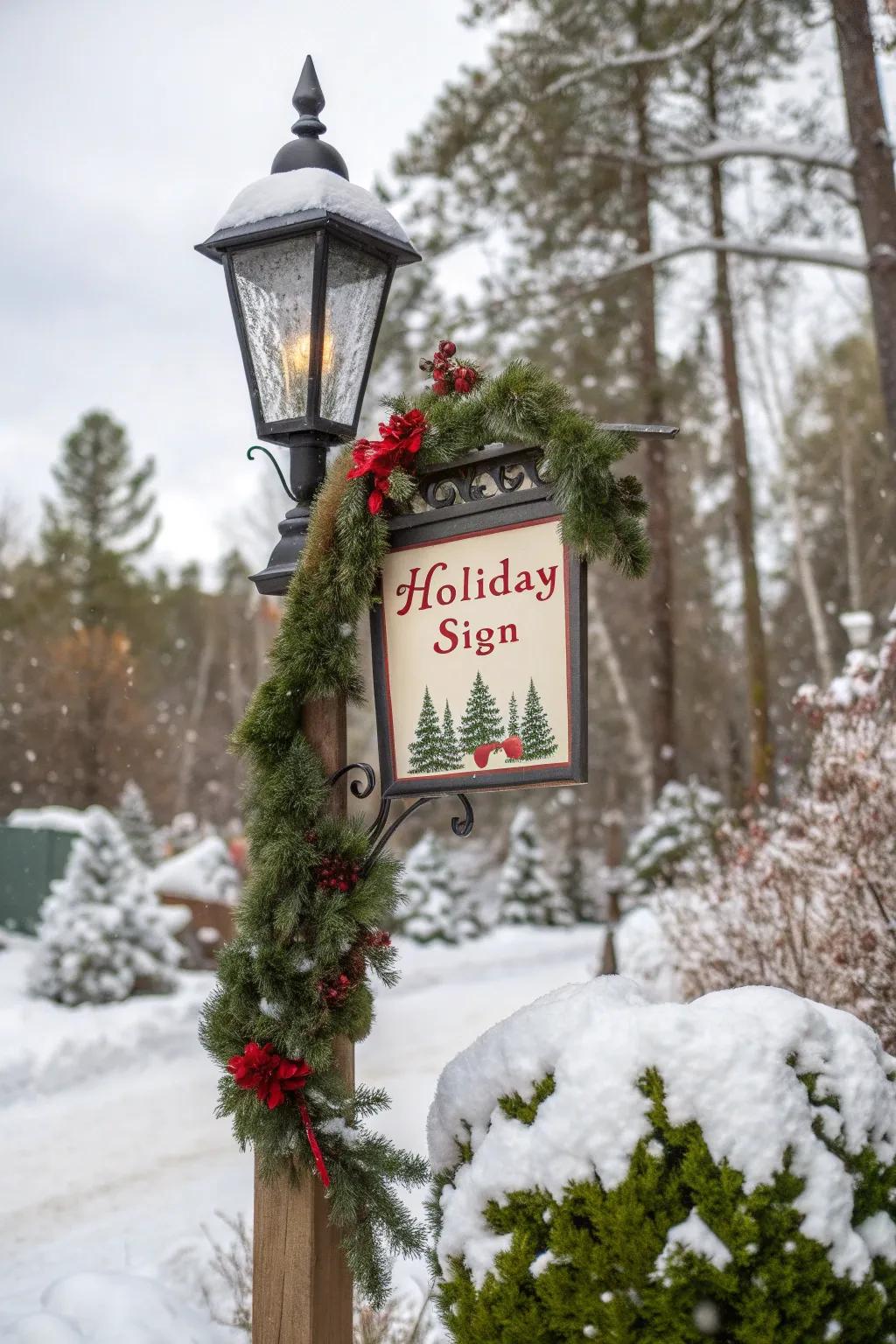A festive sign extends holiday joy on a lamp post.