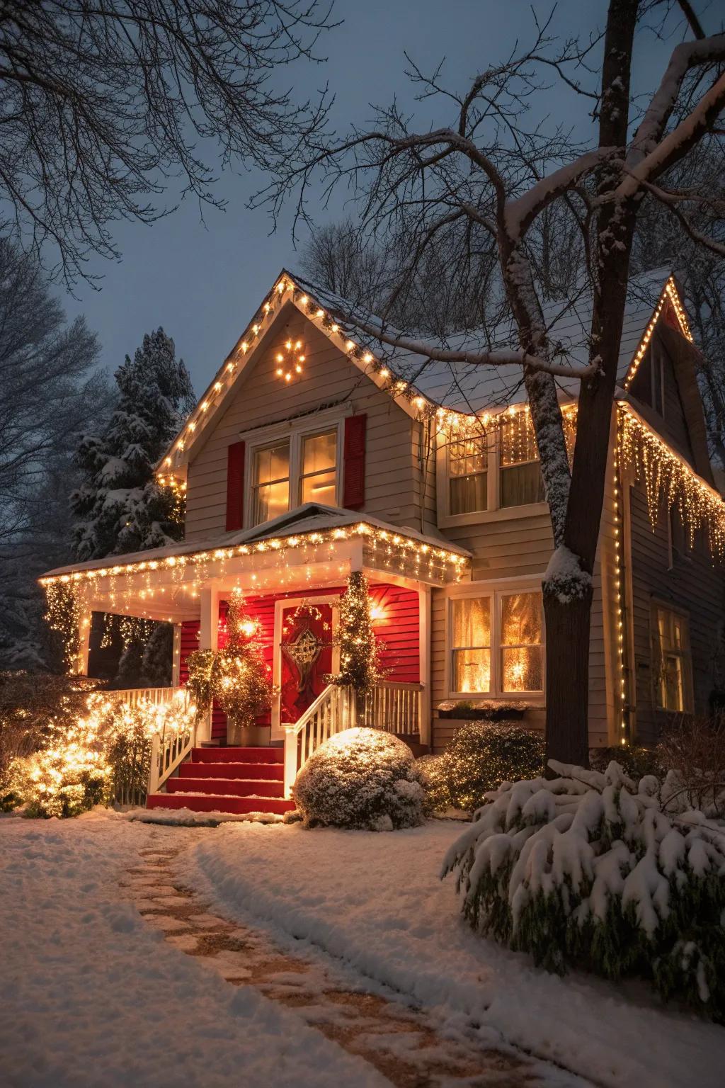 A vibrant mix of warm white and red Christmas lights decorating a house.