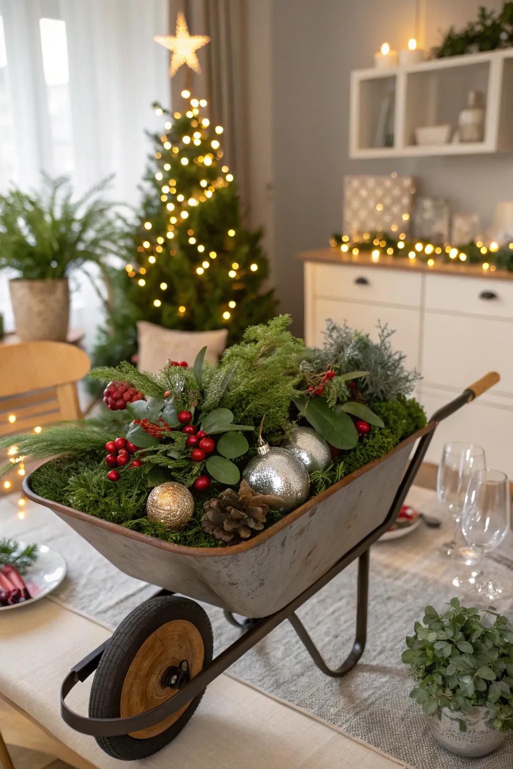 A wheelbarrow centerpiece that brings festive charm to the table.