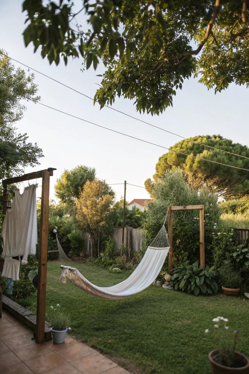 A leisure-friendly clothesline with a hammock canopy.