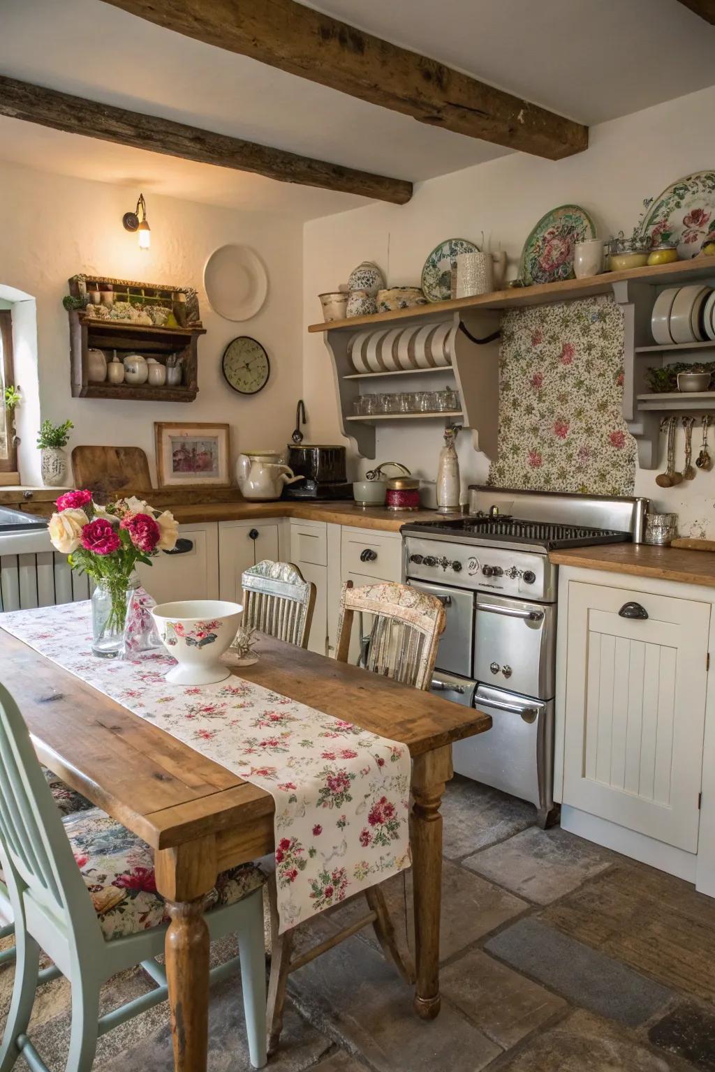 Vintage allure meets modern convenience in this welcoming kitchen.