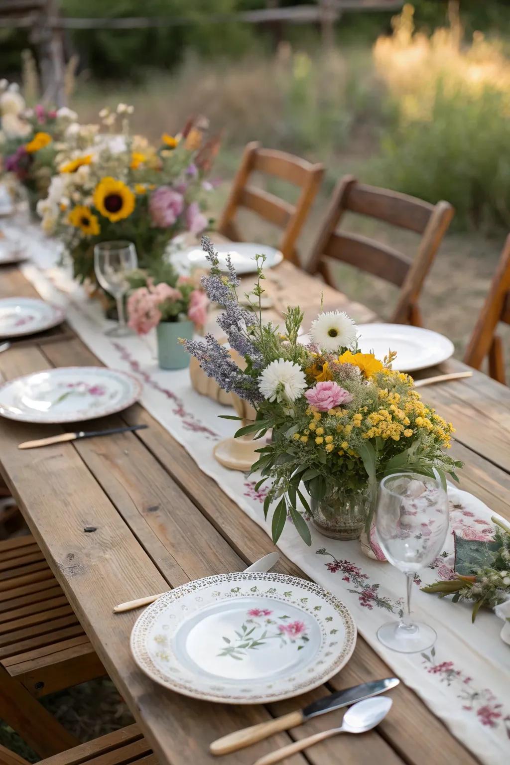 Unique and inviting table settings for a country wedding.