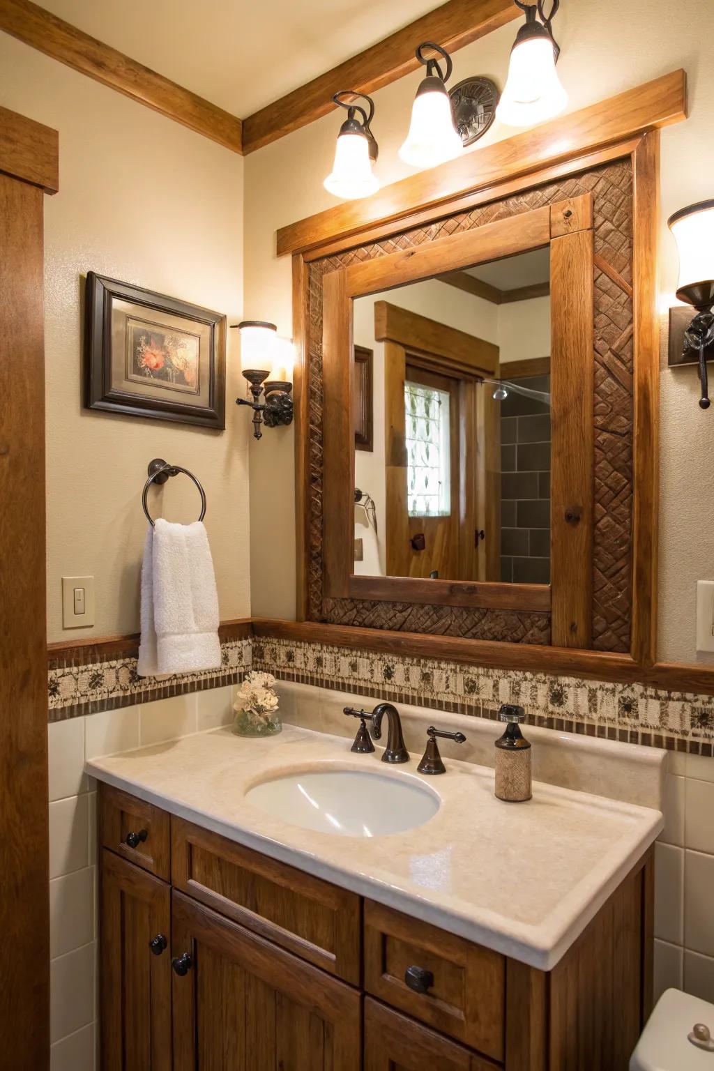A charming wooden-framed mirror enhancing the craftsman bathroom design.