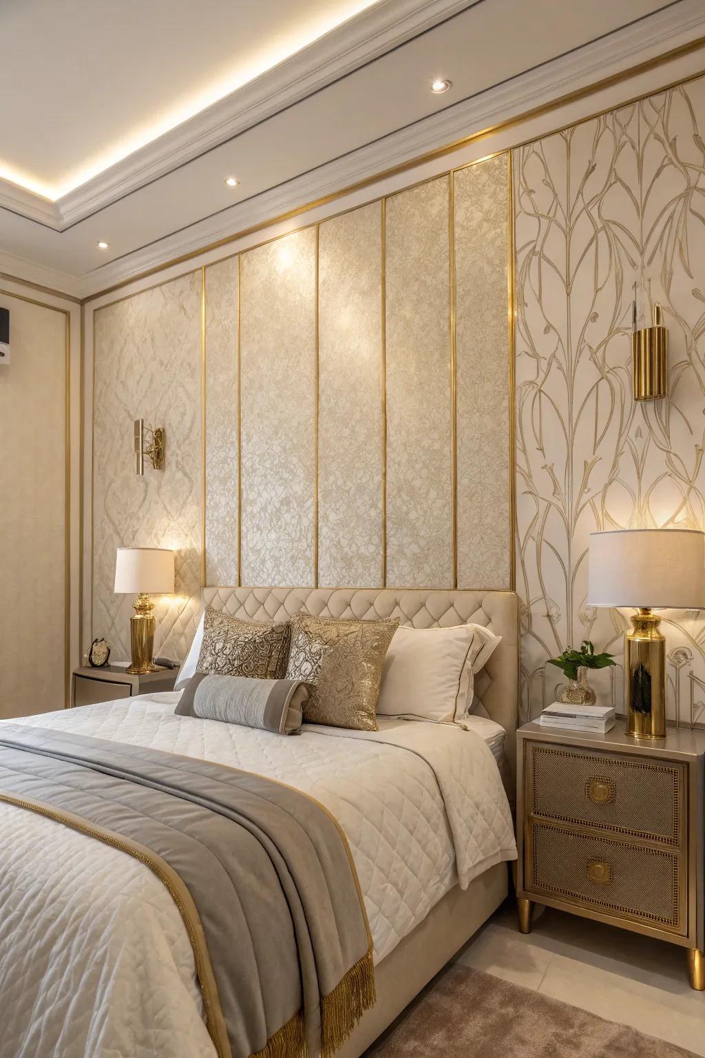 Textured walls with a metallic glimmer elevate the room's dimension and elegance.