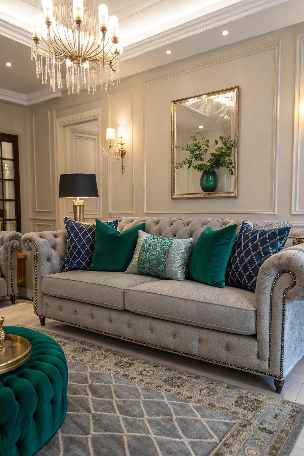 Gem-inspired tones contribute an element of splendor and drama to a charcoal sofa.