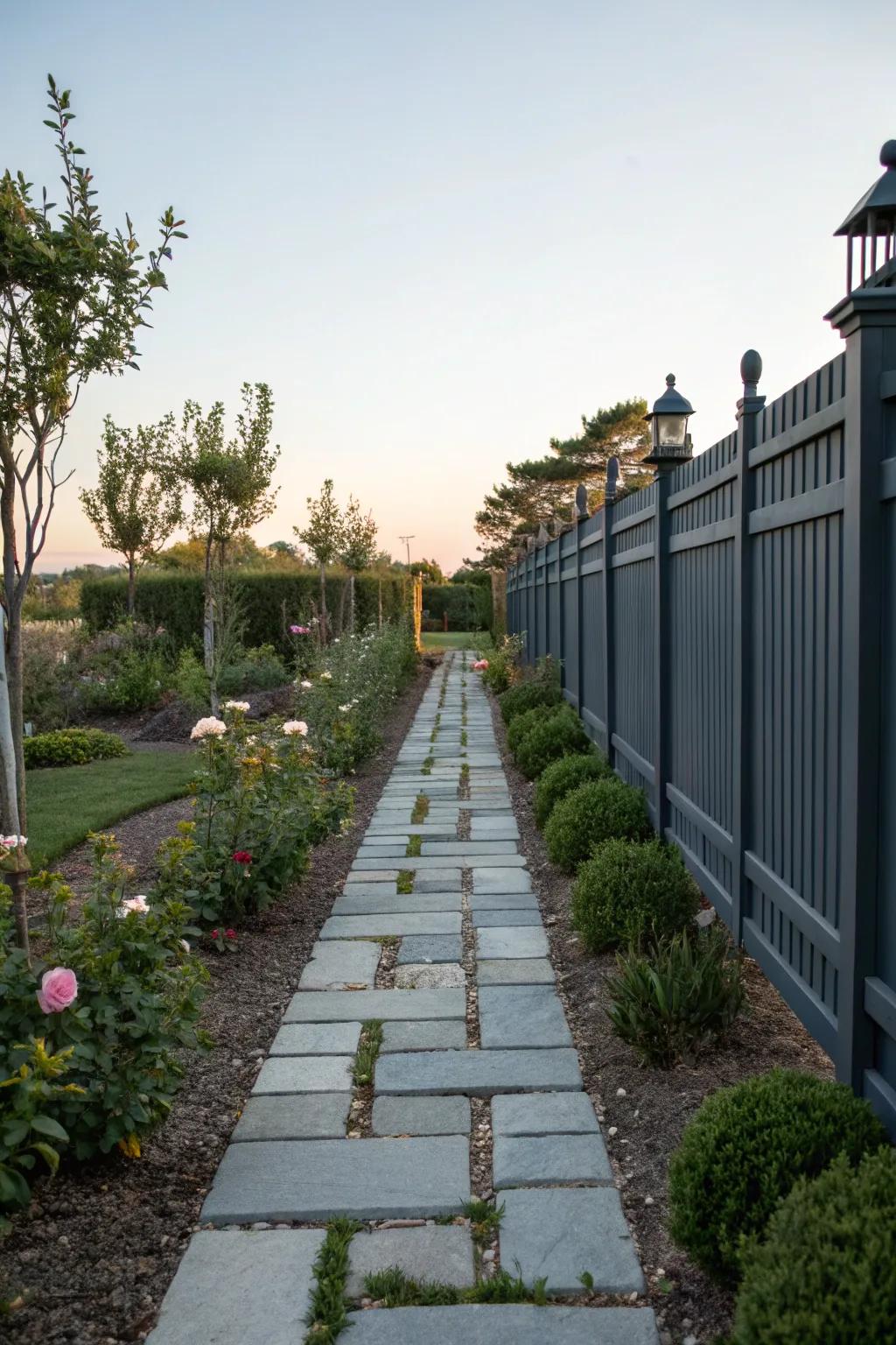An elegant garden path bordered by a deep charcoal barrier and small shrubs.