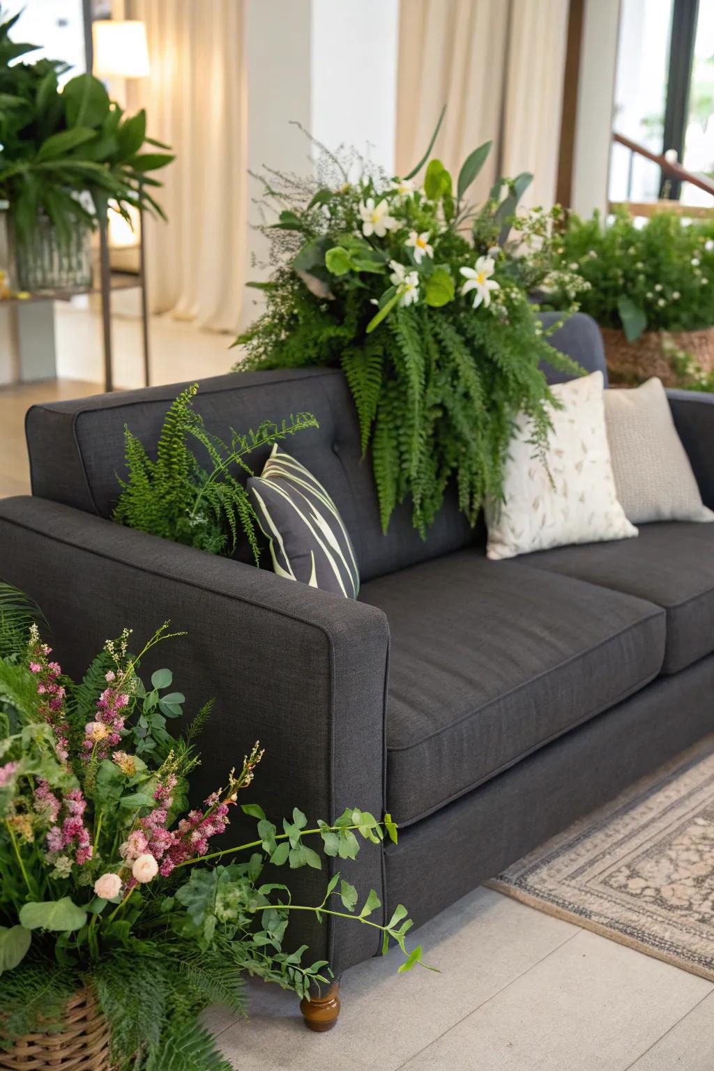 Natural elements breathe life and freshness into a grey sofa setting.