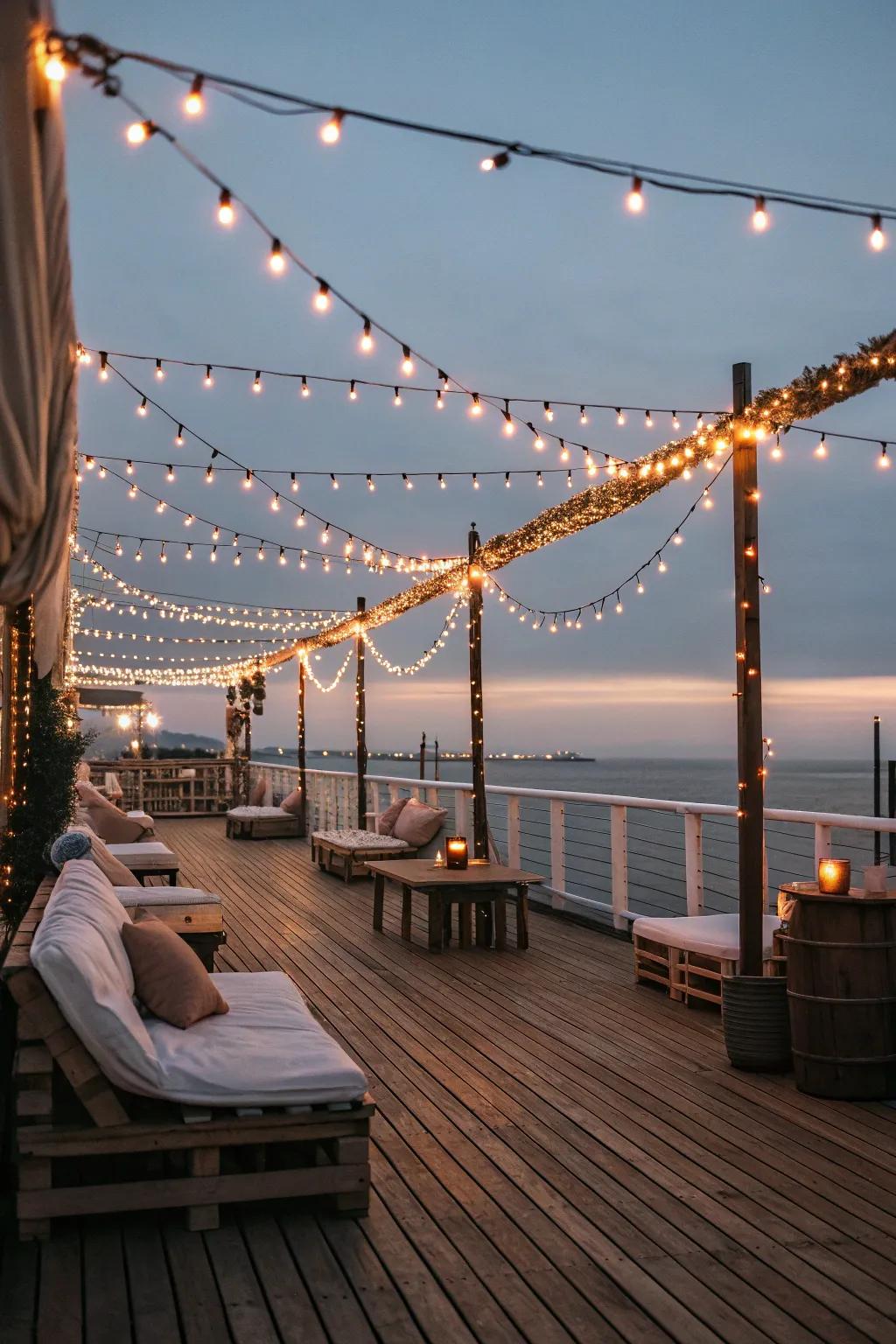 String lights weave magic into your deck setting, perfect for nights outside.