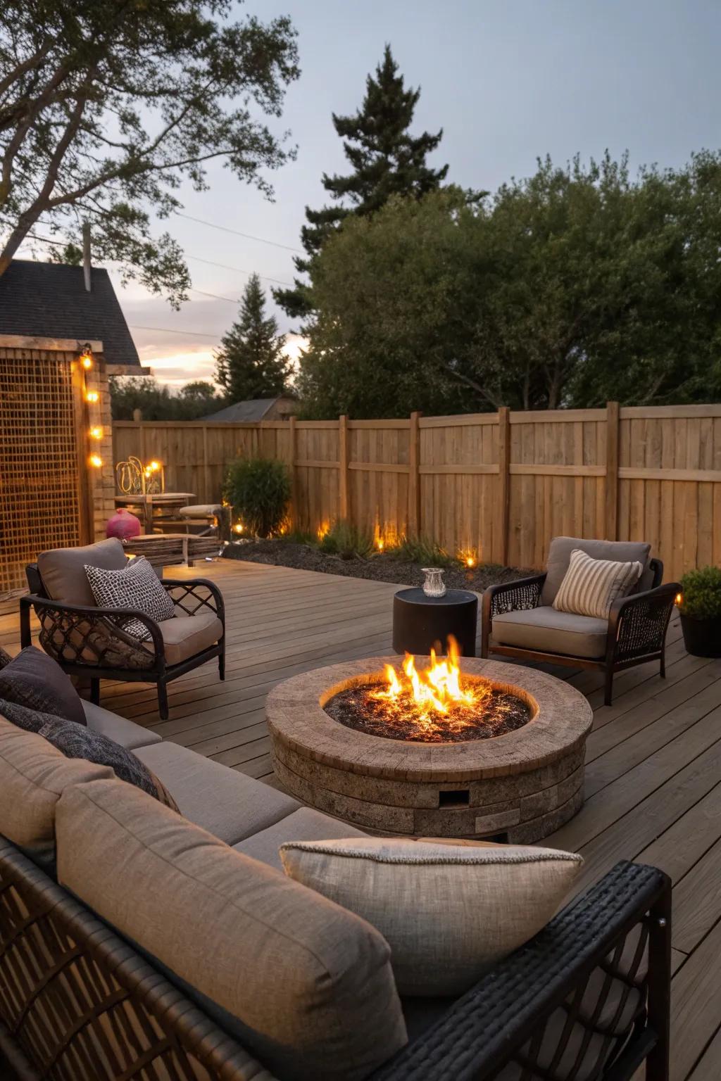 A fire pit invites warmth and conversation.