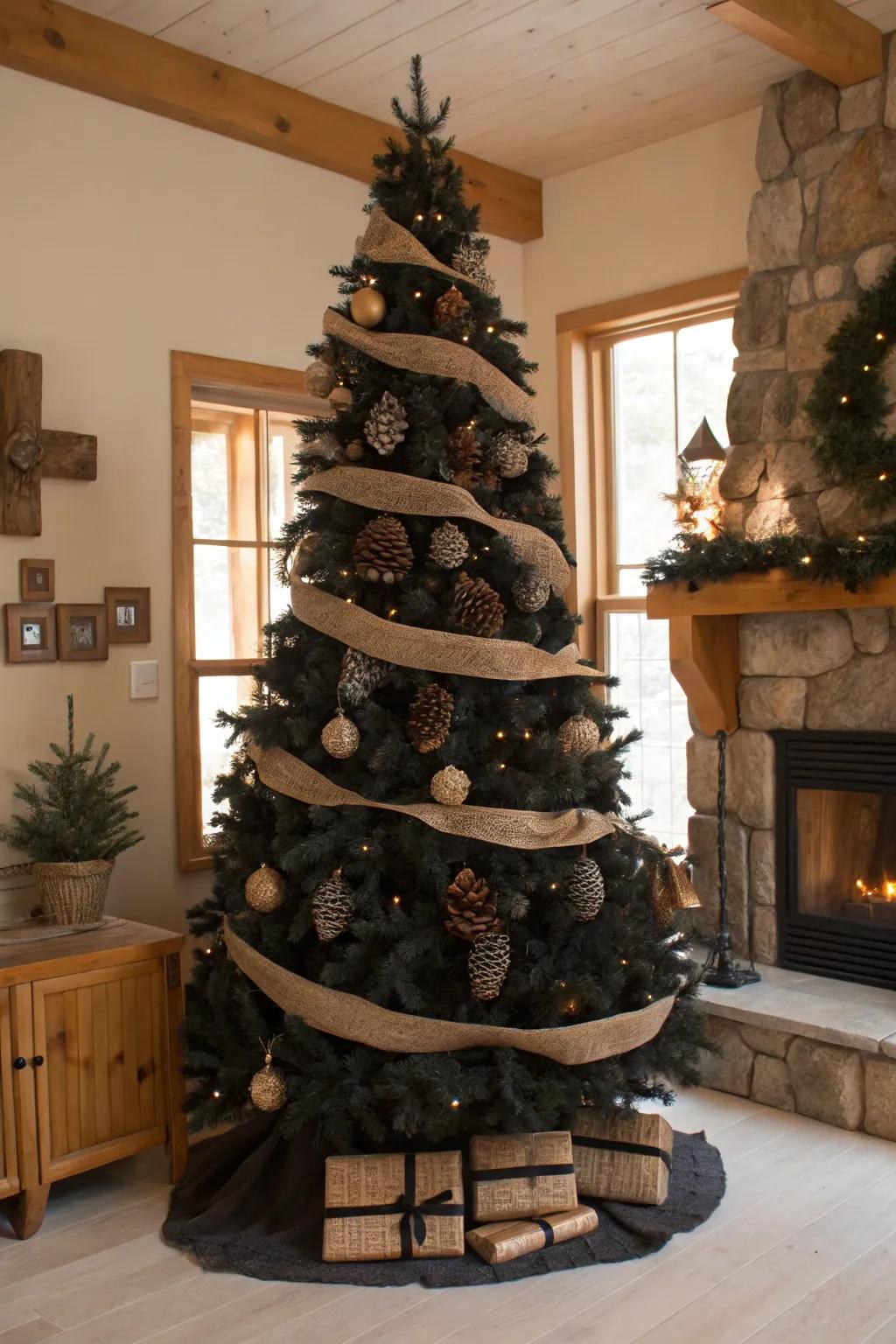 An ebony Christmas tree showcasing rustic organic elements.