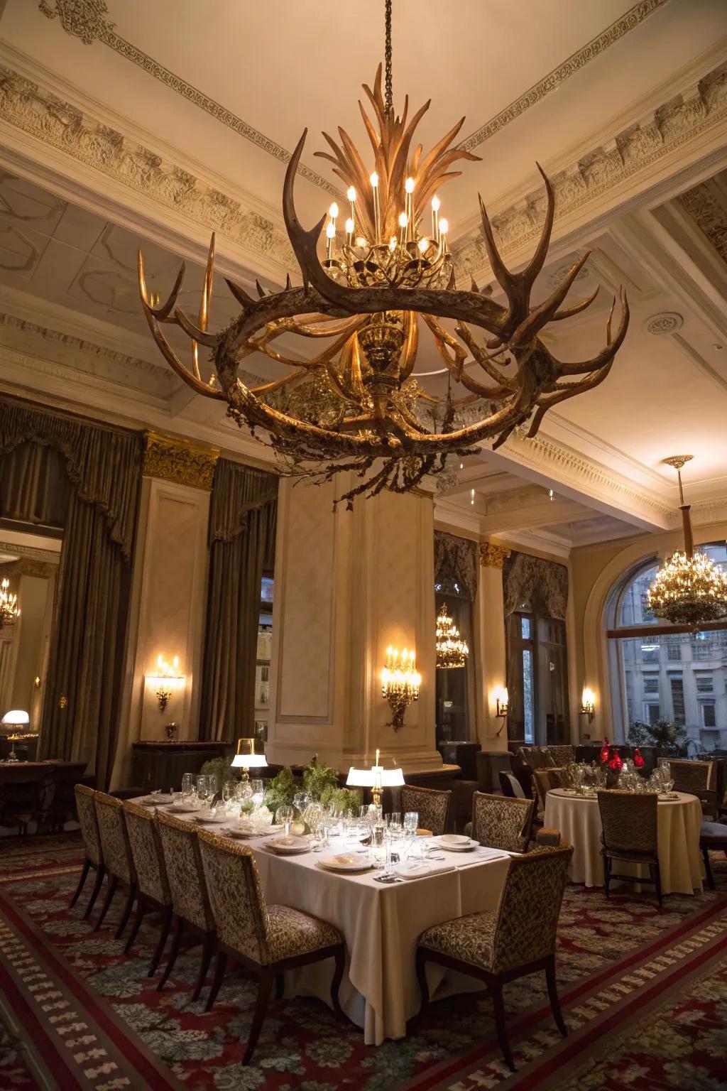 A stunning overhead light crafted from deer antlers commands attention in a lavish dining area.
