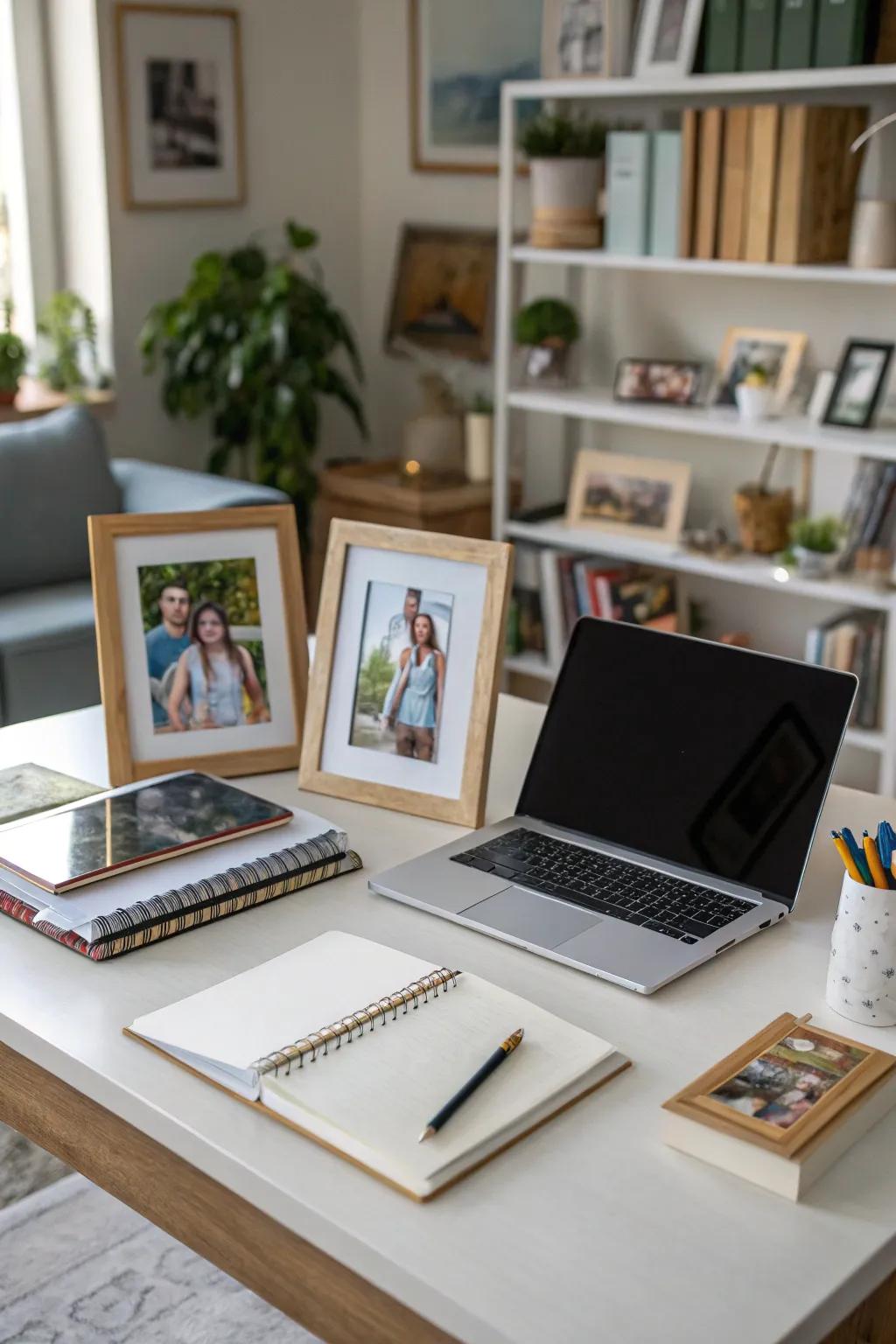 Personal photos enriching the desk's atmosphere with warmth and individuality.