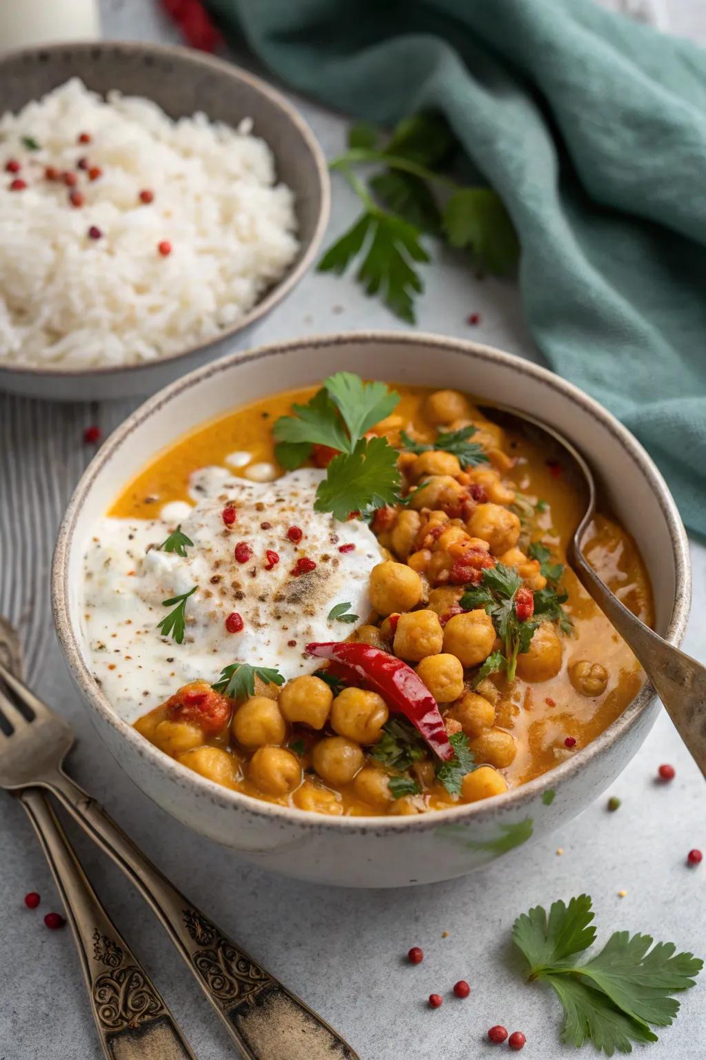Chickpea curry served with rice, a flavorful and satisfying plant-based meal.