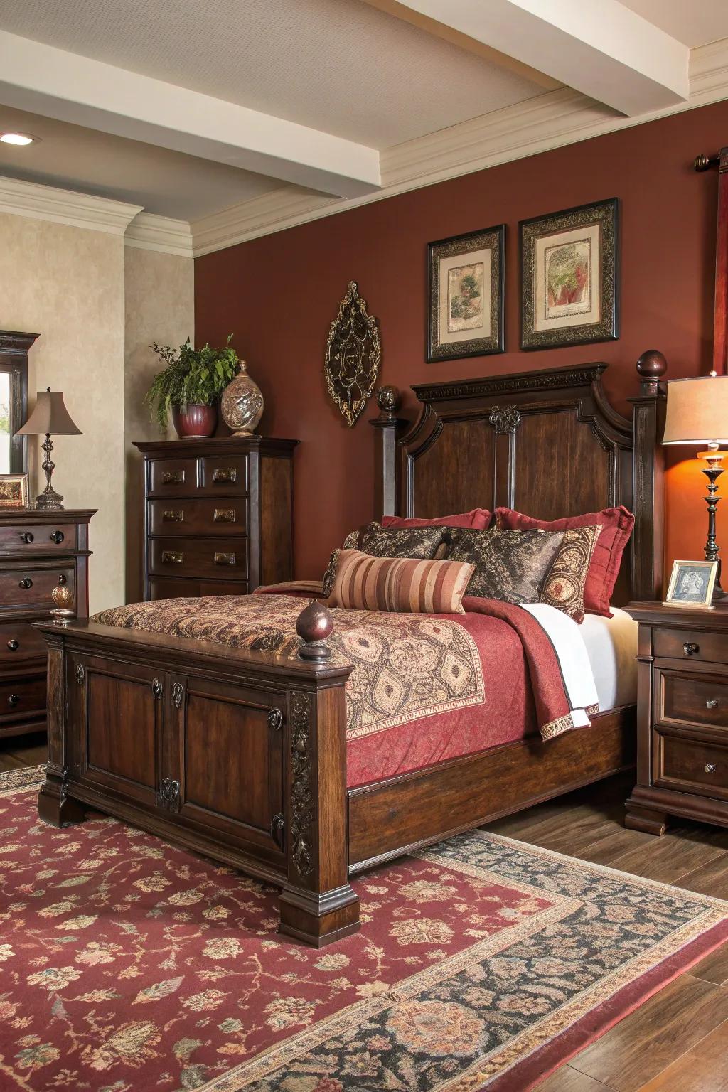 Shadowy wood furniture enhances the room’s sophistication and depth.