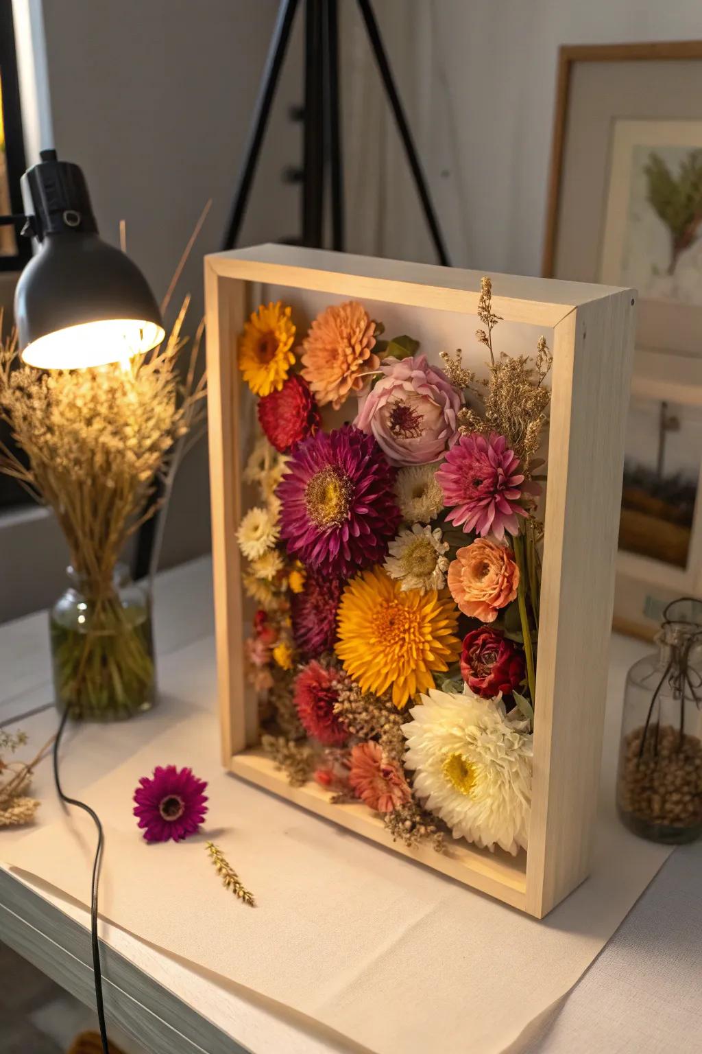 Introduce nature's hues into your home with a vibrant dried flower display.