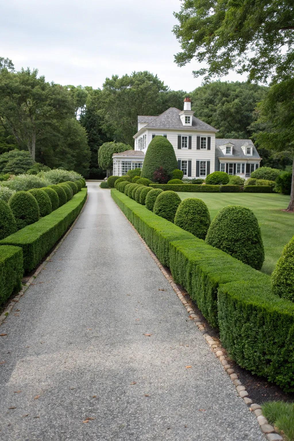 Symmetrical hedges establishing a formal entry to a dwelling.