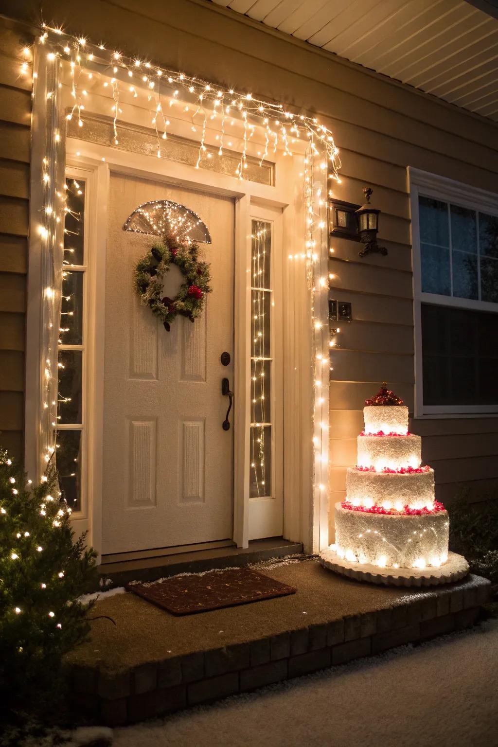 White twinkling lights conjure a magical frosting effect around the doorway.