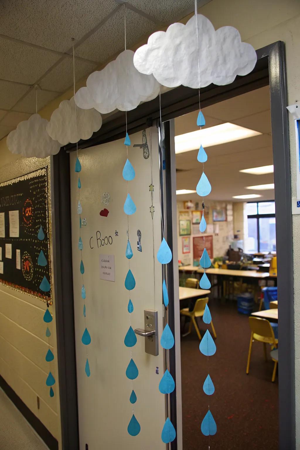 Spring showers come to life on this classroom door, complete with fluffy clouds and playful raindrops.