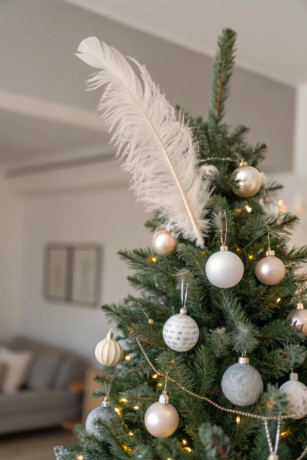 Feathers provide a whimsical elegance to the tree.