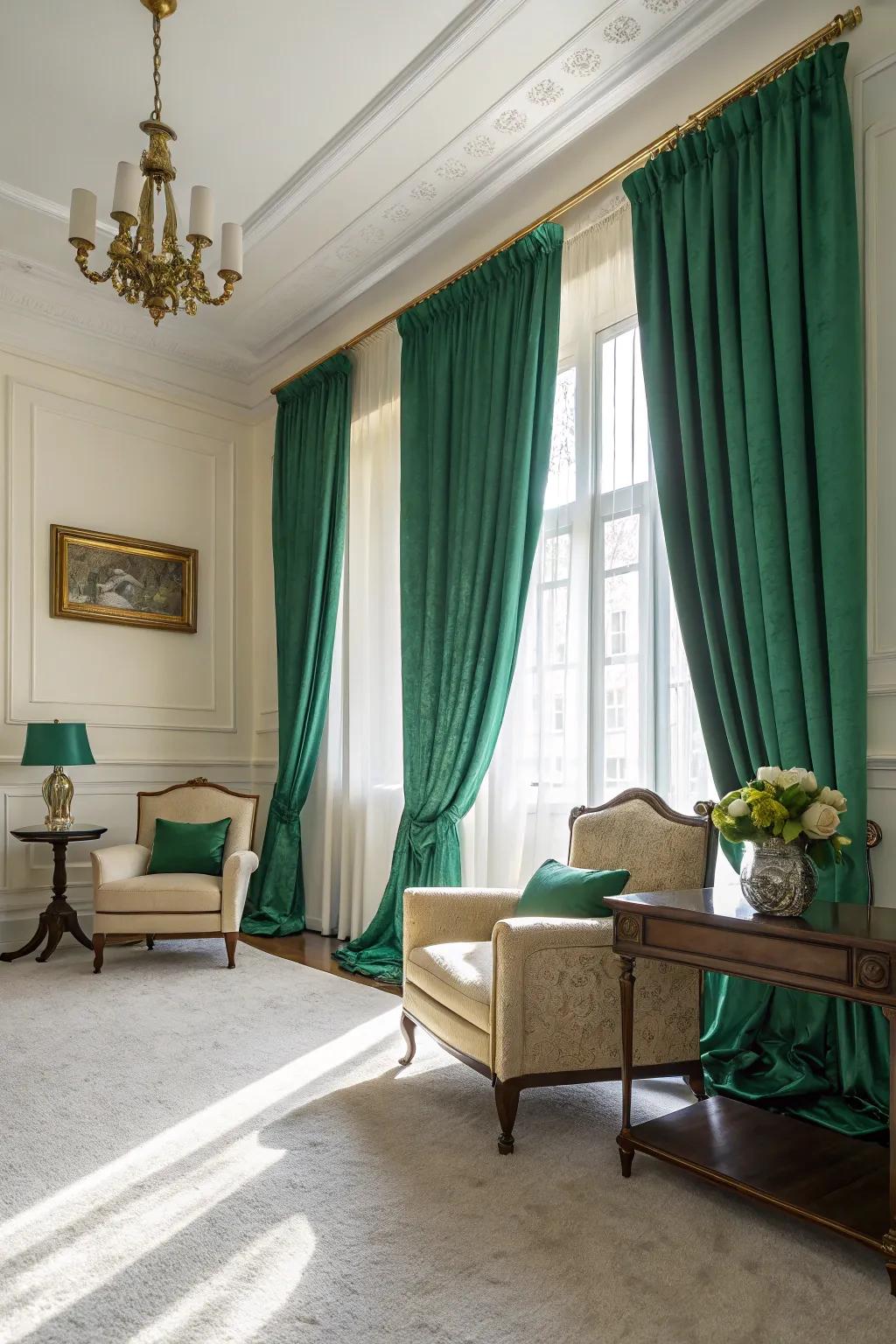 Emerald green curtains offer an unexpected pop of color.