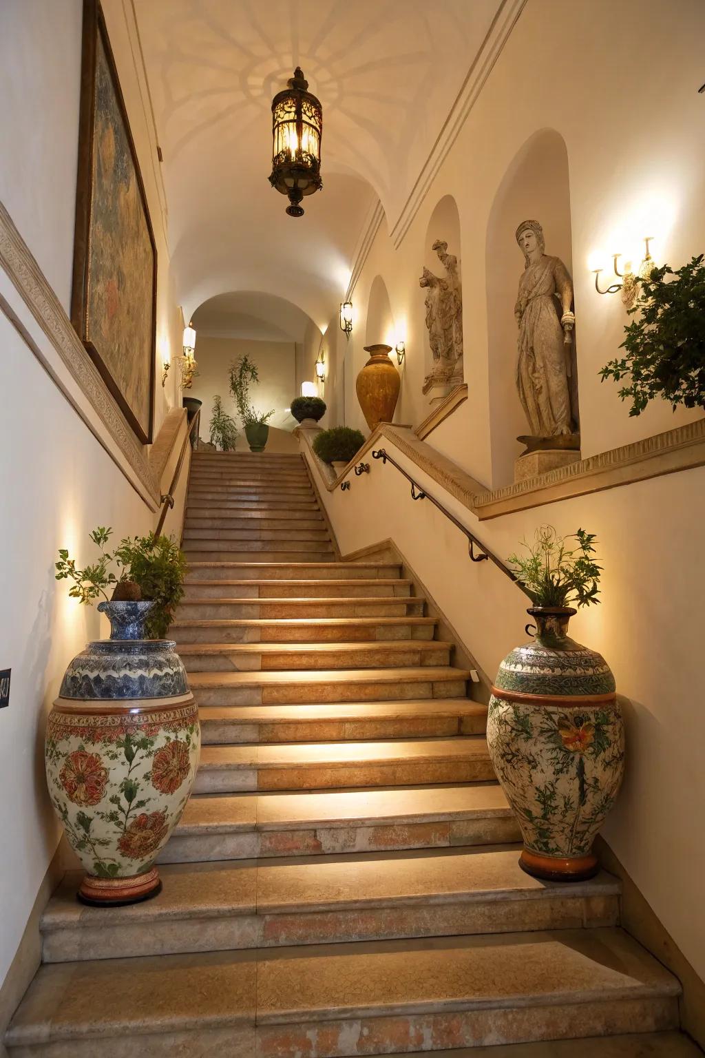 Decorative accents elevate stairway aesthetics.