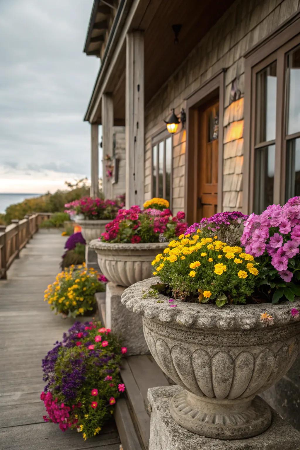 Brilliant flowers nestled in stone containers inject vibrancy and color into this appealing porch.