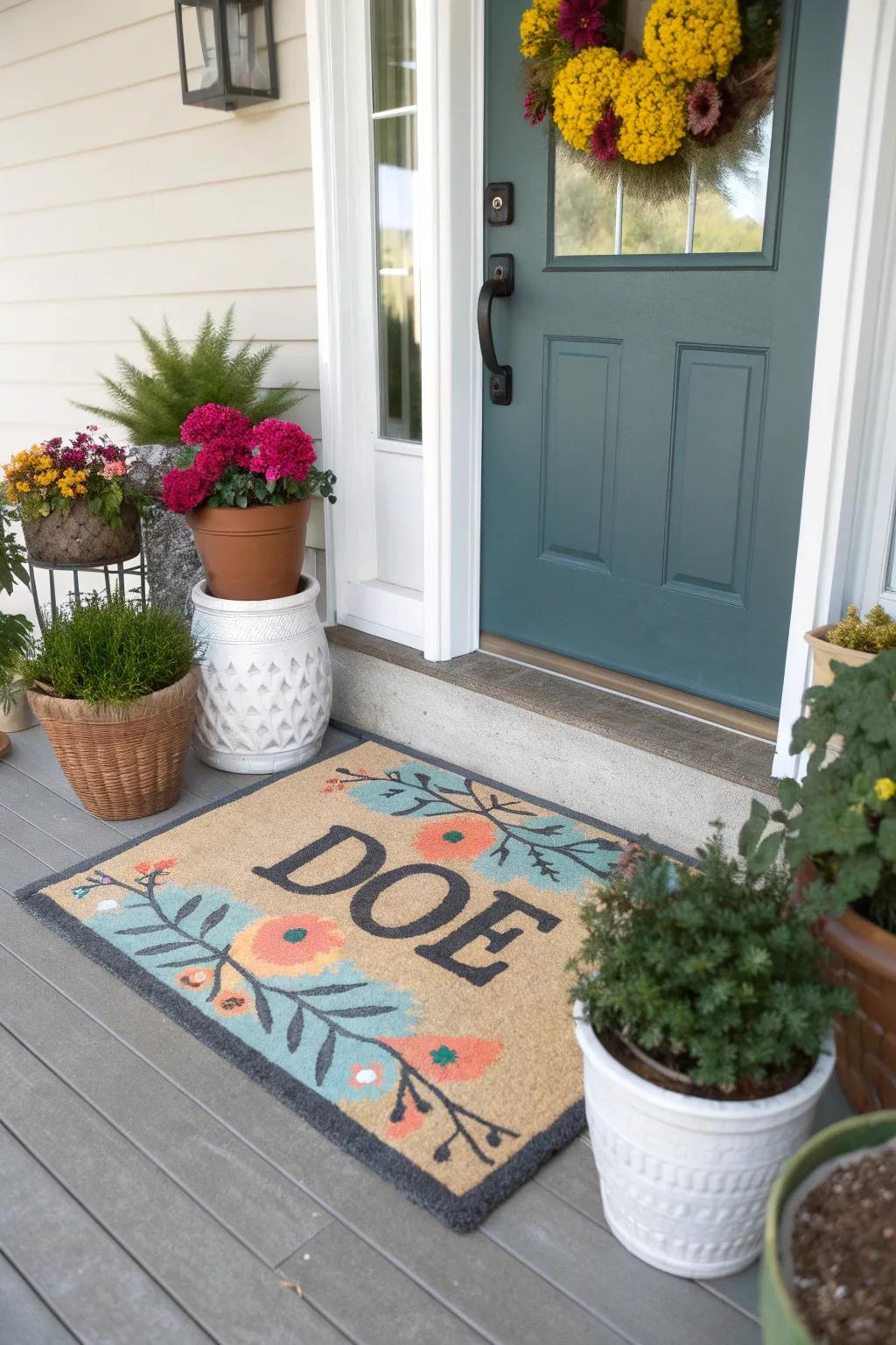 A personalized doormat creating a unique entryway.