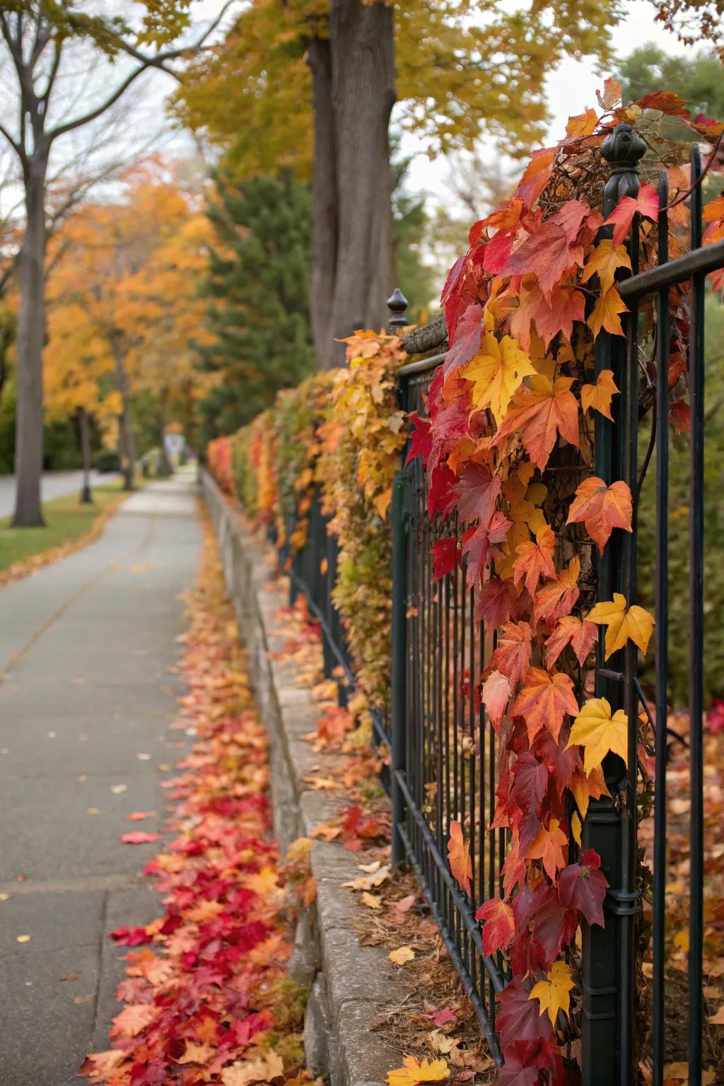 Garlands of autumn leaves gracefully embellish a fence.